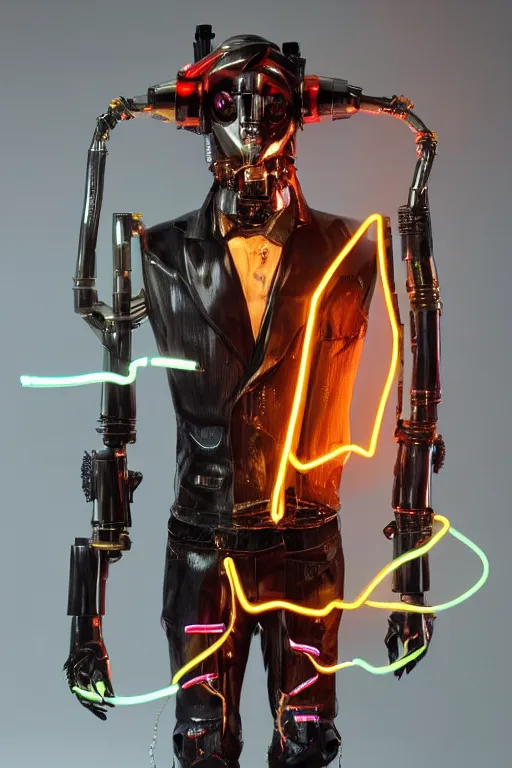 Image similar to full-body neon porcelain bladerunner style sculpture of a young handsome Italian prince as a high-fashion half-robot with a porcelain chest opening exposing a battery leaking radioactive liquid and electric sparks, glowing red laser beam eyes, crown of giant sapphires, flowing neon-colored silk, luminescent fabrics, mechanical raptors. baroque and steampunk elements. full-length view. baroque element. intricate artwork by caravaggio. Very very very very highly detailed epic photo of face. Trending on artstation, octane render, cinematic lighting from the right, hyper realism, octane render, 8k, depth of field, 3D