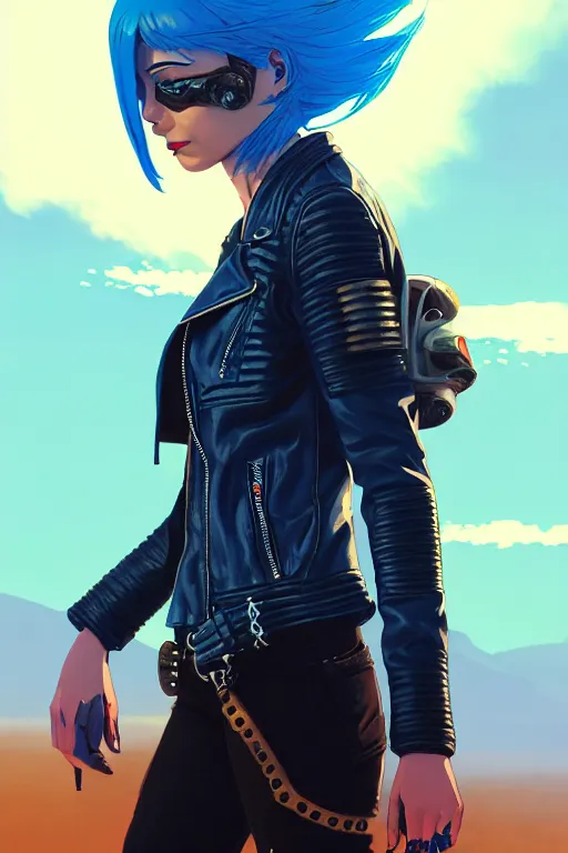 Image similar to a ultradetailed beautiful panting of post apocalyptic woman biker with helmet. blue hair. opened leather jacket, pretty face, high detailed face, in front of burning desert, anatomically correct, close up, by ilya kuvshinov, greg rutkowski and makoto shinkai, trending on artstation