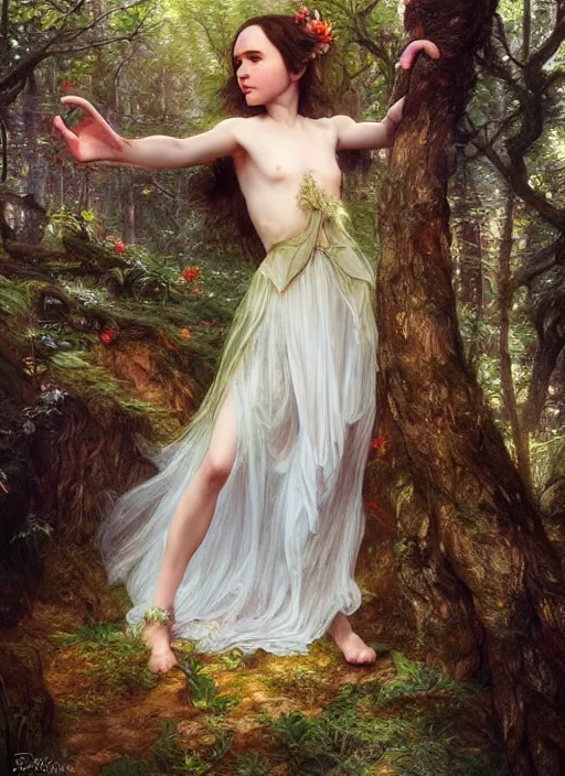 Prompt: portrait ellen page as fairy in the wood, full length shot, shining, 8k highly detailed, sharp focus, illustration, art by artgerm, mucha, bouguereau