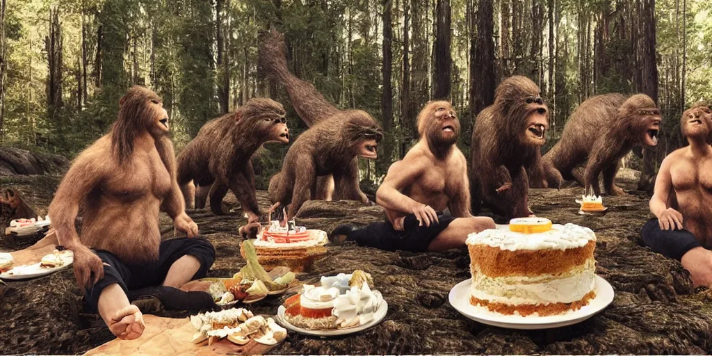 Prompt: ultra realistic photo, three hairy fat neanderthal people, emma!! watson!!, eating outside, surrounded by dinosaurs!, gigantic forest trees, sitting on rocks, bright moon, birthday cake on the ground, front view