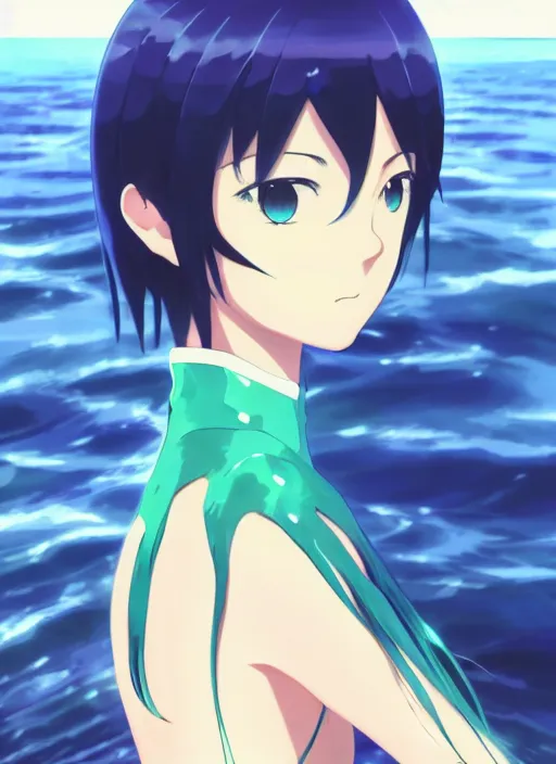 Image similar to makoto shinkai, ilya kuvshinov, beautiful anime women with green dress, long blue hair, water powers water swirling, symmetrical face, symmetrical eyes, detailed, beach setting, cinematic lighting