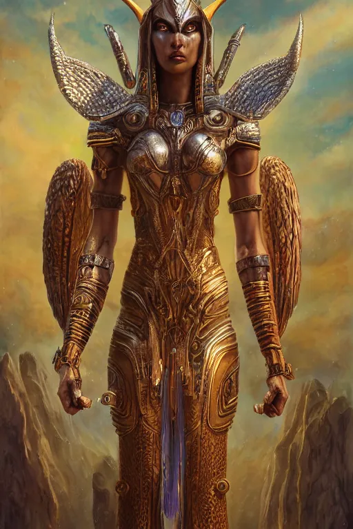 Image similar to Mystical Valkyrie, Portrait of a beautiful female Atlantean Anubis Alien Warrior, Regal, Realistic, Refined, Detailed Digital Art, Oil Painting, Michael Cheval, Esao Andrews, Art Frahm, Steampunk, Walt Disney (1937), Highly Detailed, Cinematic Lighting, Unreal Engine, 8k, HD