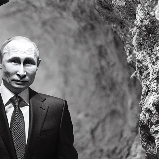 Image similar to photo inside a cavern of a wet reptilian humanoid putin partially hidden behind a rock