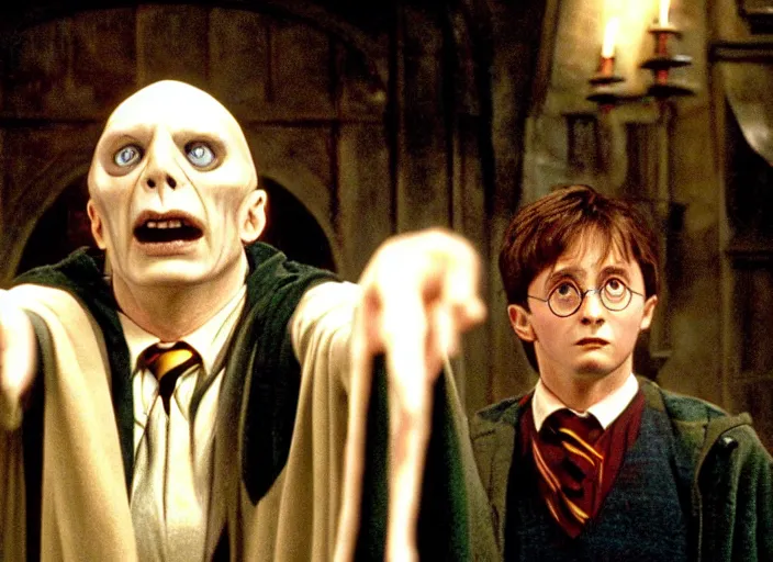 Image similar to a still of Harry Potter (2001), with Tim Curry as Voldemort