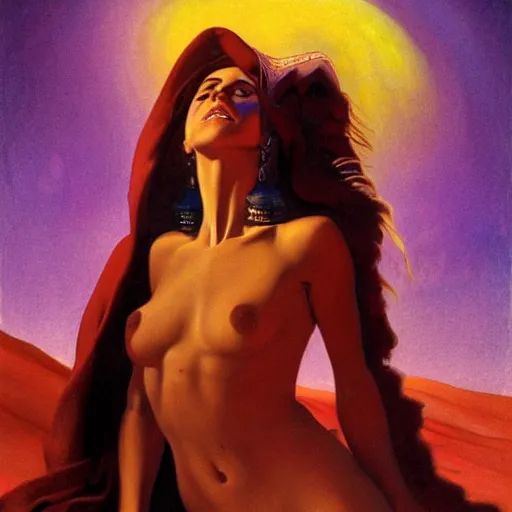 Image similar to Silk sheet desert ecstasy Bedouin under crimson azure diamond sky, in the style of Frank Frazetta, Jeff Easley, Caravaggio, extremely clear faces coherent, clear lines, 8K revolution