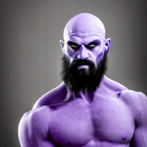 Prompt: portrait photo of bulbous large ethereal purple Kratos