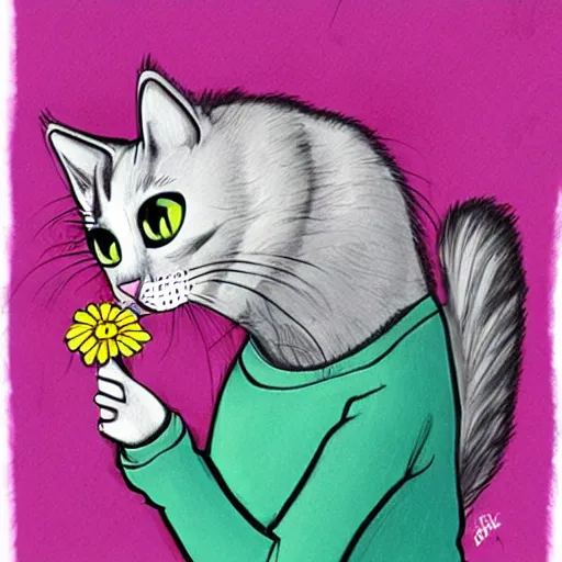 Image similar to cat smelling flowers, in the style of chiara bautista