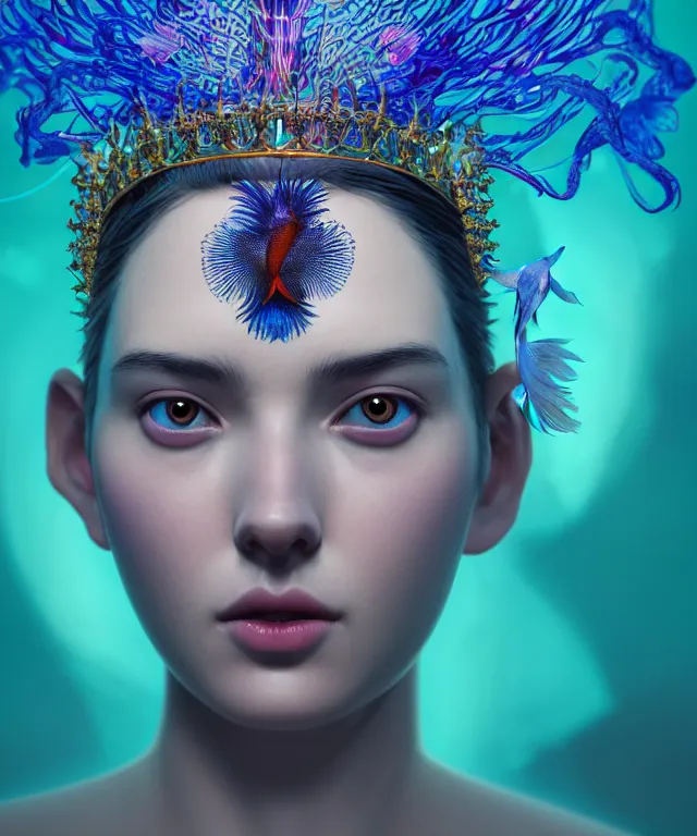 Image similar to symmetrical, centered, close-up portrait of goddess wearing crown made of betta fish, phoenix, bioluminiscent elements, intricate artwork by Tooth Wu and wlop and beeple. octane render, trending on artstation, greg rutkowski very coherent symmetrical artwork. cinematic, hyper realism, high detail, octane render, 8k