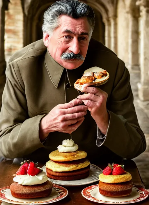 Image similar to closeup portrait of a medieval stalin eating cakes in the cloisters, depth of field, zeiss lens, detailed, symmetrical, centered, fashion photoshoot, by Annie Leibovitz and Steve McCurry, David Lazar, Jimmy Nelsson, Breathtaking, 8k resolution, extremely detailed, beautiful, establishing shot, artistic, hyperrealistic, beautiful face, octane render