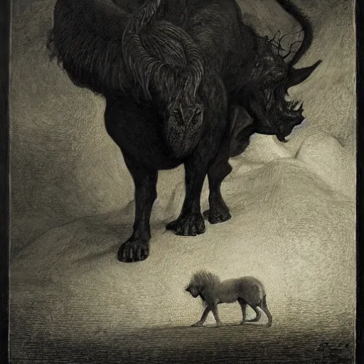 Prompt: king of the beasts 666, by Odd Nerdrum, by Francisco Goya, by M.C. Escher, fairy-tale illustration style, very detailed, colorful, beautiful, eerie, surreal, psychedelic