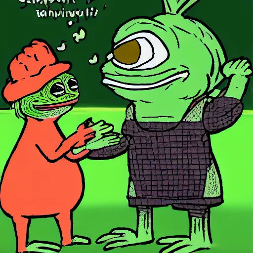 Prompt: happy pepe talking to each other