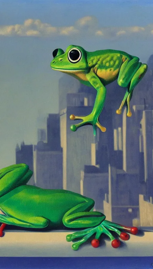 Image similar to cute frog with city in background by René Magritte, detailed, 4k