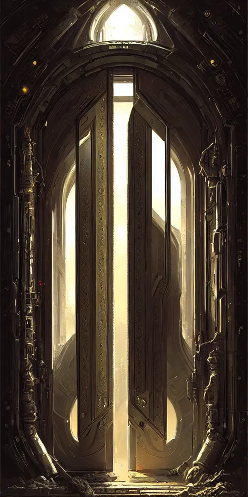 Prompt: hyper realistic ornate sci - fi double door by darek zabrocki