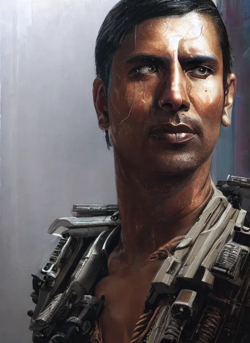 Image similar to cyberpunk military indian man ( blade runner 2 0 4 9, dystopian, cyberpunk 2 0 7 7 character design ), advanced warfare, attractive face. portrait by james gurney and laurie greasley and yoji shinkawa, oil on canvas. cinematic composition, hyper realism, realistic proportions, anatomy, dramatic lighting, photorealistic, high detail, 4 k