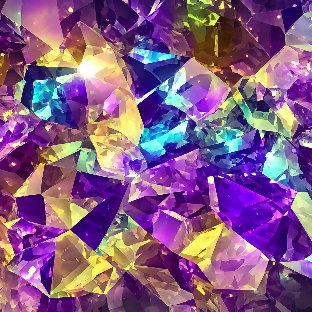 Image similar to amethyst gemstone prism multicolor gold liquid emeraud pearl quartz saphir grenat fluorite stylized digital illustration video game icon global illumination ray tracing advanced technology