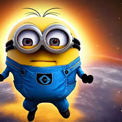 Image similar to minion in space, in front of a rocket, chasing a banana, hyperrealistic render, highly detailed, 4k, artstation