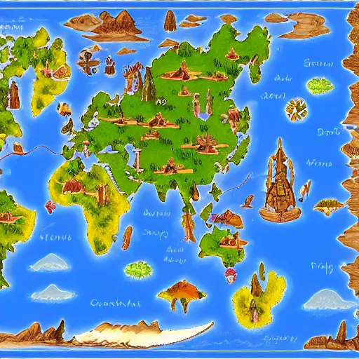 Image similar to fantasy world map, colourful, varying environments