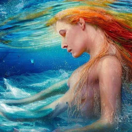 Prompt: a beautiful art installation of a mermaid swimming in the ocean. her long, flowing hair streams behind her as she gracefully navigates the water. a coral reef and colorful fish can be seen in the background. by nicolas mignard, by alyssa monks highly detailed