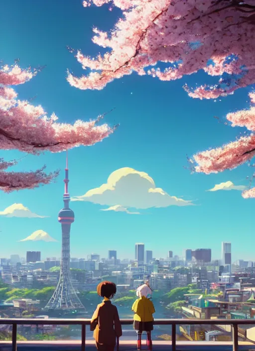 Image similar to a wholesome animation key shot, tokyo city in the background, cherry blossoms in the foreground, studio ghibli, pixar and disney animation, sharp, rendered in unreal engine 5, anime key art by greg rutkowski, bloom, dramatic lighting