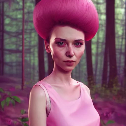 Image similar to a woman in a pink dress standing in a forest, a character portrait by ilya kuvshinov, cg society contest winner, neo - romanticism, ilya kuvshinov, daz 3 d, polycount