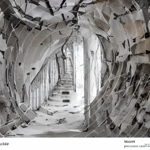 Image similar to a rotten fungus mushroom clump in a bright white hallway with many doors and stairs, Mc Escher architecture, epic composition, decay, anime key visual