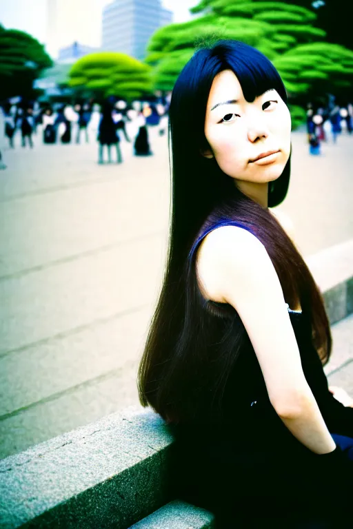 Image similar to photography masterwork, portrait of a beautiful japanese woman with dyed hair sitting in ueno park, shot on a canon 5 d mark iii with a 3 5 mm lens aperture f / 5. 6, dslr camera, film grain, kodak film, dynamic composition, close up, full res