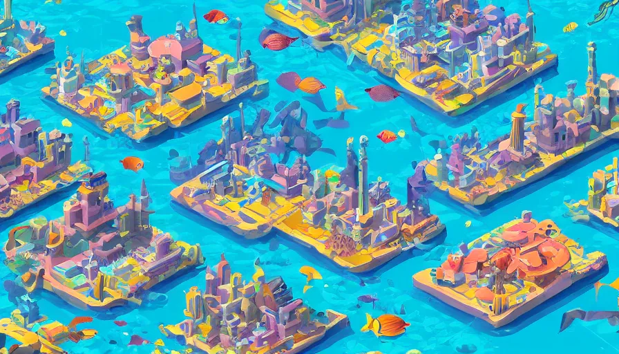 Prompt: busy isometric underwater city, digital art, neat, matte colours, isometric coral