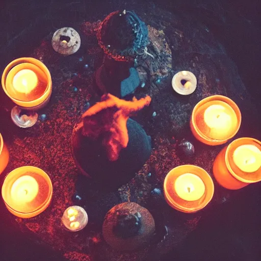 Image similar to ancient demon summoning, magic, shot from drone, witchcraft, night, bright candles, circle