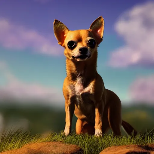 Prompt: chihuahua standing on a hill looking like a lion but it's a chihuahua, highly realistic digital art, 4 k, raytracing
