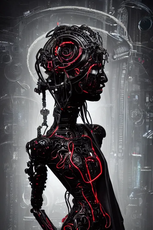 Image similar to full-body cyberpunk style sculpture of a young beautiful dark priestess, half android with a head opening exposing circuitry, glowing red eyes, black roses, flowing blood red colored silk, fabric, candles. baroque elements, human skull. full-length view. baroque element. intricate artwork by caravaggio. crows flying in background. Trending on artstation, octane render, cinematic lighting from the right, hyper realism, octane render, 8k, depth of field, 3D