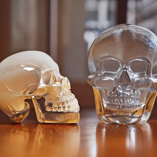 Prompt: transparent glass skull laying on a wooden table, high detail