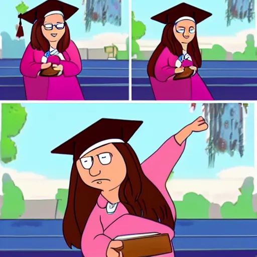 Image similar to Meg Griffin from Family Guy graduating college, animated in the style of Family Guy (1999)