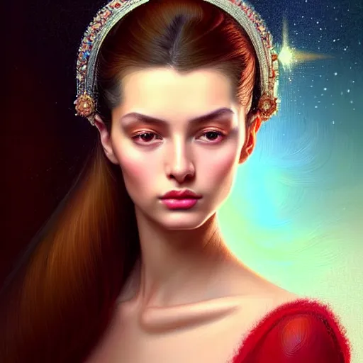 Image similar to digital painting of a close up face portrait of an elegant, beautiful, sophisticated, fashionable, pretty, young, happy russian - uzbek model, lucid pulsar star energy. intricate ornate detail, eye focus, by artgerm, range murata, jeremy lipking, trending on pinterest, artstation hq, vivid 8 k, film still.