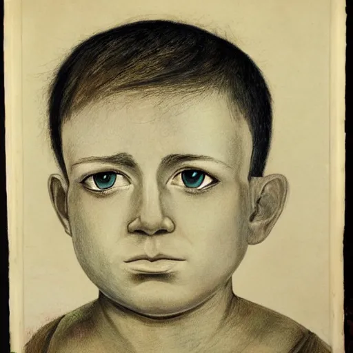 Prompt: portrait of a boy with his face split in half, one half of his face is old, the other half is a little boy's face, the boy has green eyes, the boy has a sad look, dark hair, ultra detailed hair, well - drawn face, well - drawn wrinkles,