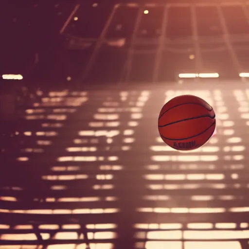 Prompt: a photo of a basketball in a sports arena with dramatic lighting