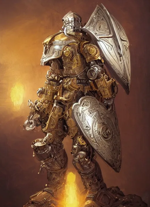 Image similar to dynamic portrait of a intricate glorious holy mechanical warforged character in yellow armor holding a paladin engraved great longsword and carrying a big paladin shield, spotlight from face , epic , trending on ArtStation, masterpiece, cinematic lighting, by Jesper Ejsing and by Yoann Lossel and by John Salminen