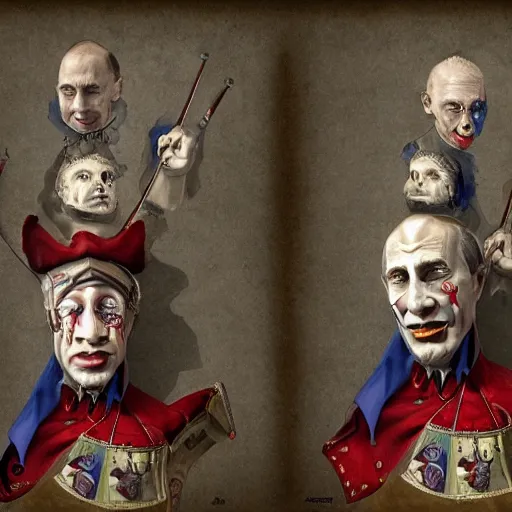 Image similar to vladimir putin is jester in circus, in lunatic asylum, intricate, highly detailed, smooth, artstation, heretic, medieval with hunt