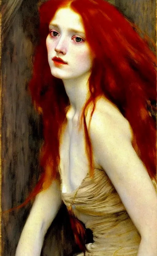 Prompt: portrait of a girl with long red hair, very beautiful style, photorealism, edgard maxence, john singer sargent