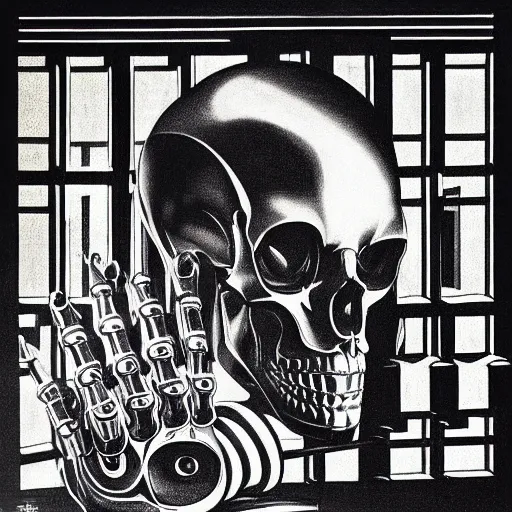 Prompt: “A robot skull with a mirror finish, held by a shiny robot hand; Showing subtle reflection of the room; Artist, Maurits Cornelis Escher, Dutch, 1898-1972 ;Date, 1935 ; Lithograph printed in black ink on wove paper; Detailed gallery print”