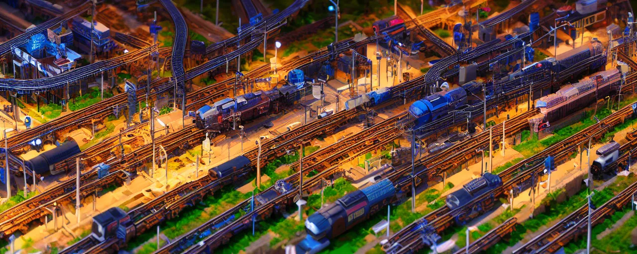 Image similar to mega detailed miniature voxel diorama of huge railway junction by night, futuristic architecture, tilt shift, volumetric lighting, several trains on rails, near future 2 0 3 0