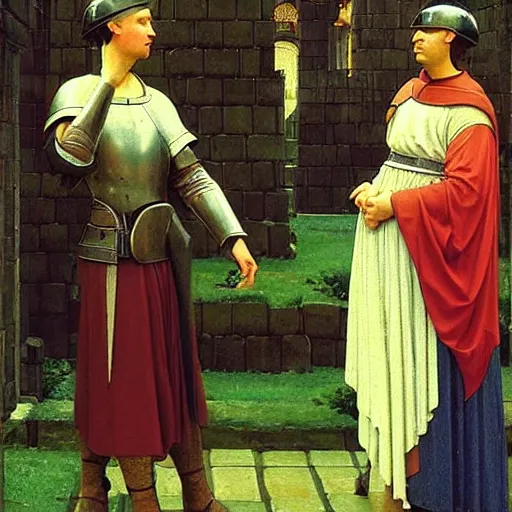 Prompt: Troy and Abed as medieval knights, masterpiece painting by Edmund Leighton