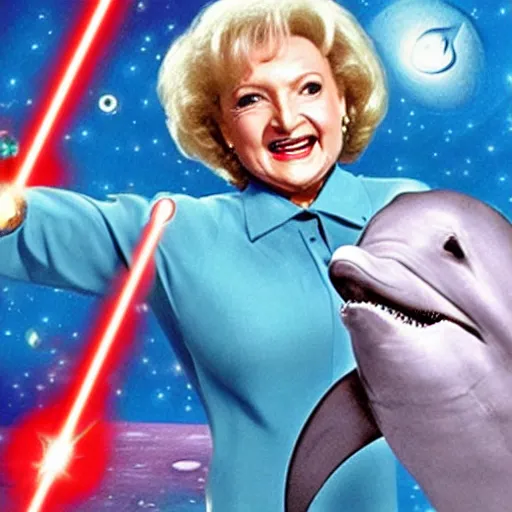 Image similar to betty white riding a dolphin in space with laser beams coming out of her eyes dual wielding lightsabers