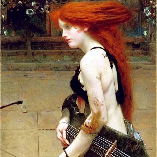 Prompt: Redhead goth girl playing electric guitar, oil painting by Lawrence Alma-Tadema, masterpiece