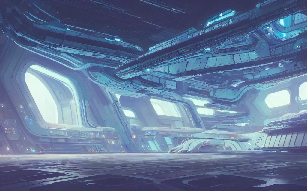 Image similar to A beautiful painting of interior hangar of a futuristic science fiction space station, intricate, highly detailed, digital painting, illustration, artgram, by beeple, studio ghibli, trending on artstation