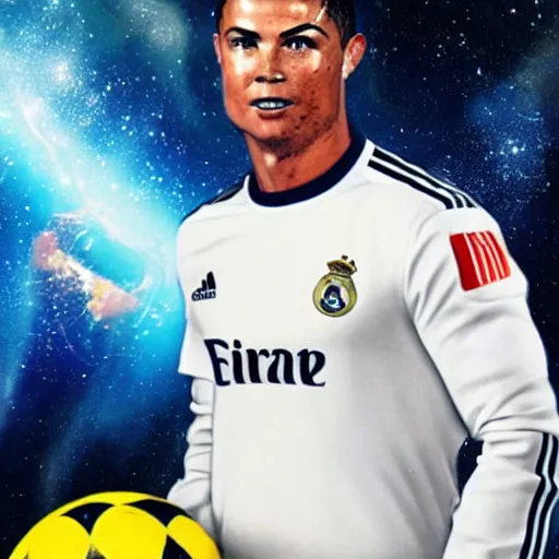 Prompt: ronaldo in space, full body shot, wide angle