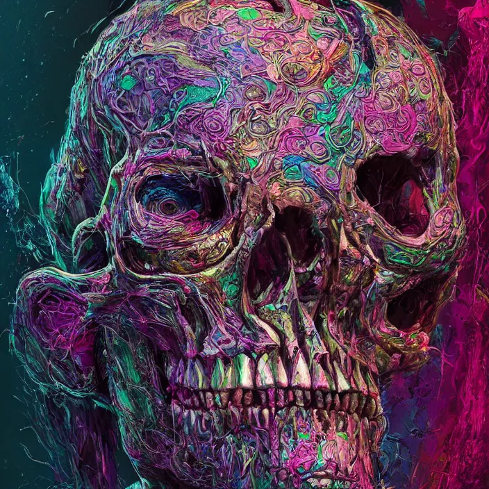 Image similar to portrait of a hypercolor skull. infected with zombie virus. intricate abstract. intricate artwork. nightmare fuel. by Tooth Wu, wlop, beeple, dan mumford. octane render, trending on artstation, greg rutkowski very coherent symmetrical artwork. cinematic, hyper realism, high detail, octane render, 8k, iridescent accents