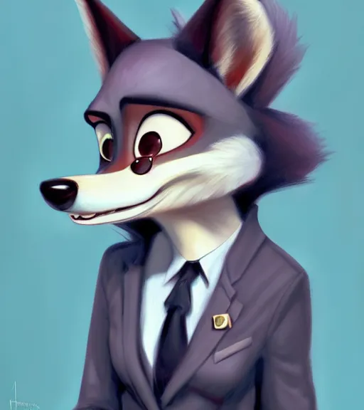 Image similar to oil painting of anthromorphic furry female wolf, in style of zootopia, female fursona, furry, furaffinity, 4 k, deviantart, furry art, fursona art, wearing black business suit, business suit, wolf fursona, expressive feminine face, female,