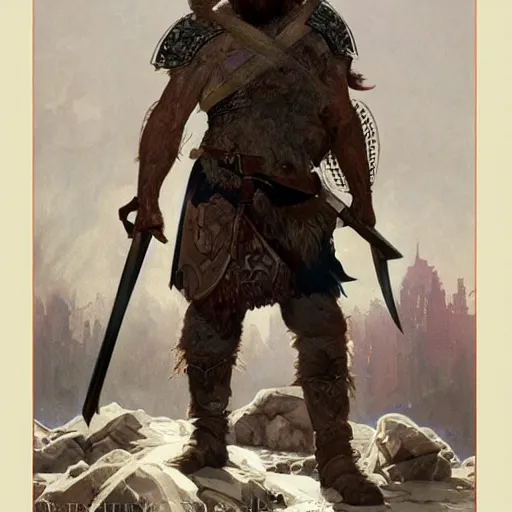 Image similar to rough-skinned, short-bearded undead Viking warrior with ice-pale skin wearing brutalist plate armor with art deco knotwork, by Greg Rutkowski, Brom, and Alphonse Mucha