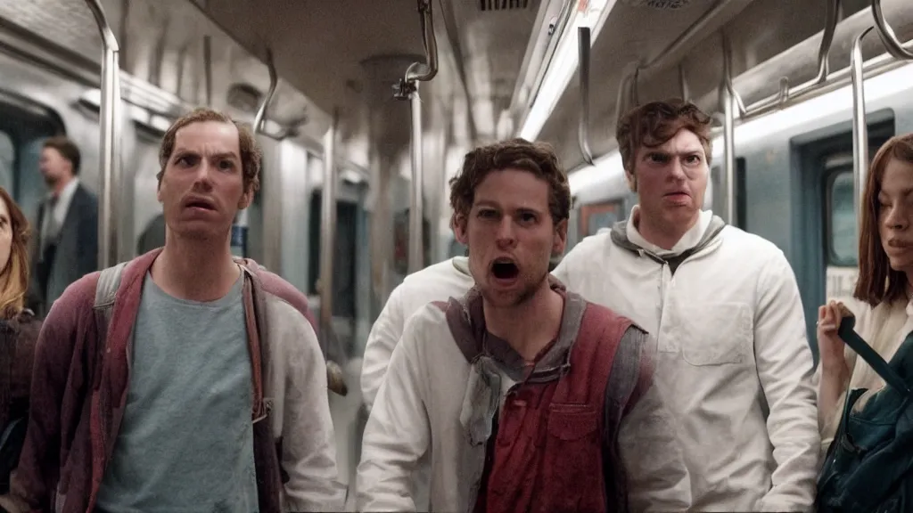 Image similar to an high quality still from an a 2 4 horror movie about riding the subway at night directed by ari aster