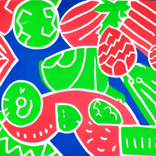 Prompt: retro, hd illustration of watermelons, crocs, big yellow lemons, mint leaves, ice cubes, inspired by watercolor masterpieces, matisse, malevich, david hockney, keith haring, colorful, happy, trending on artstation, 4 k